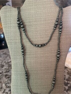 Faux graduated Navajo pearl Bead Long Necklace - silver